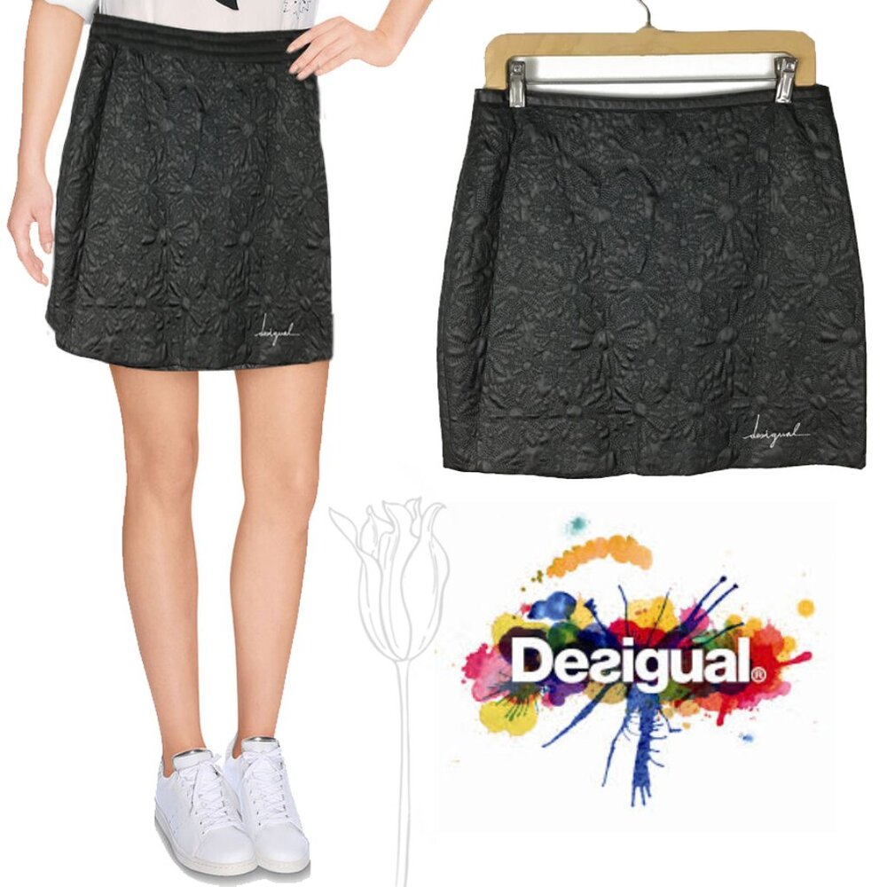 DESIGUAL Black Floral Pattern Faux Leather Mini Skirt